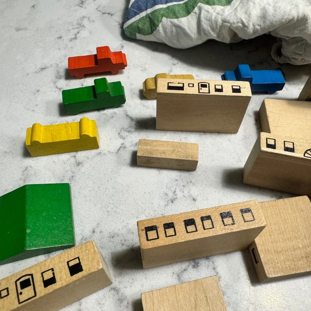 85 piece Vintage PLAYSKOOL VILLAGE Wood Building Blocks And Vehicles Montessori